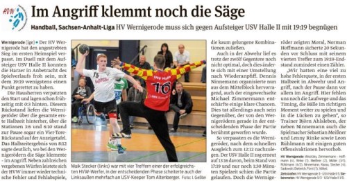 Volksstimme Bericht zum Spiel der 1. Mannschaft gegen USV Halle II